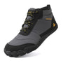Grey Storm Feel barefoot winter shoe shown from a front angle, with fleece lining and a grippy sole.