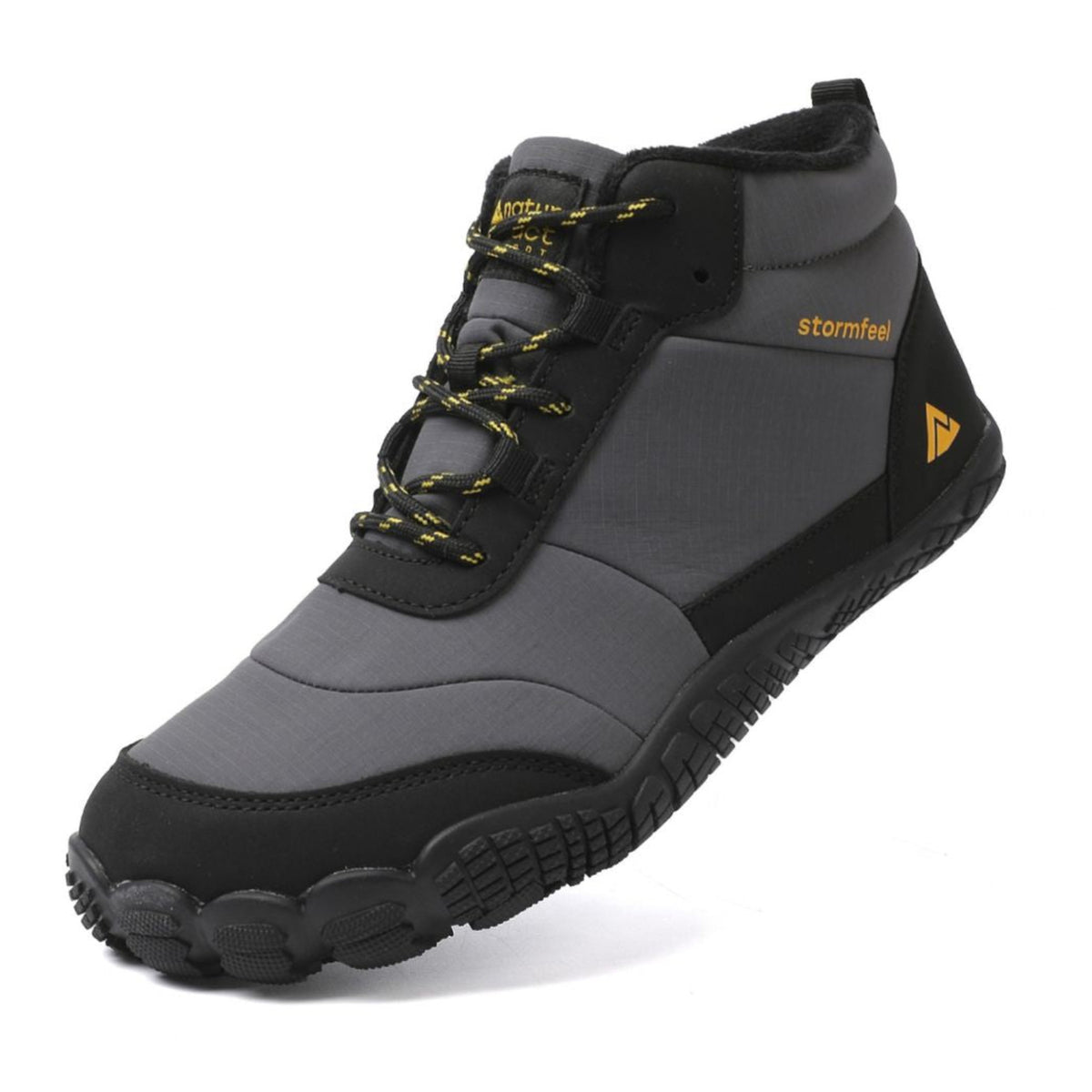 Grey Storm Feel barefoot winter shoe shown from a front angle, with fleece lining and a grippy sole.