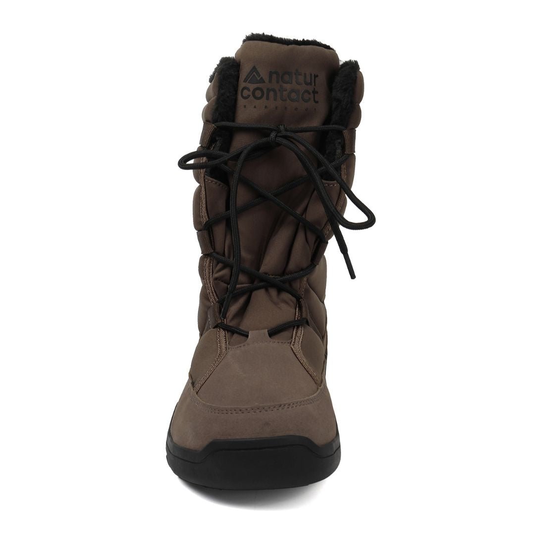 Front view of brown Naturcontact women’s winter barefoot boots with warm lining and flexible sole