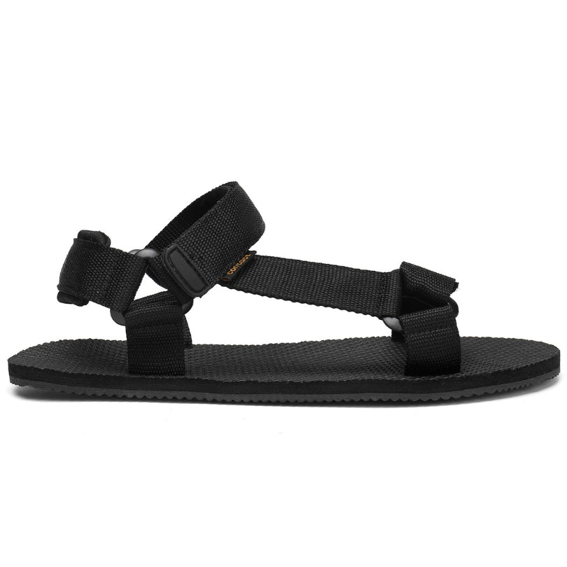 Side view of Naturwalkers 2.0 black barefoot sandals with thin flexible sole