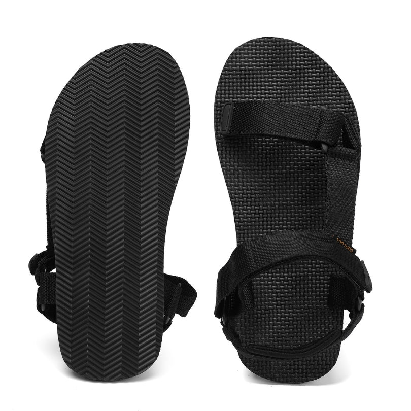 Top and sole view of Naturwalkers 2.0 black barefoot sandals showing flexible sole