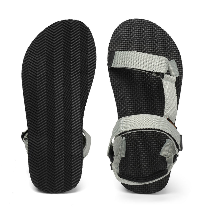 Top and sole view of Naturwalkers 2.0 grey barefoot sandals showing flexible sole