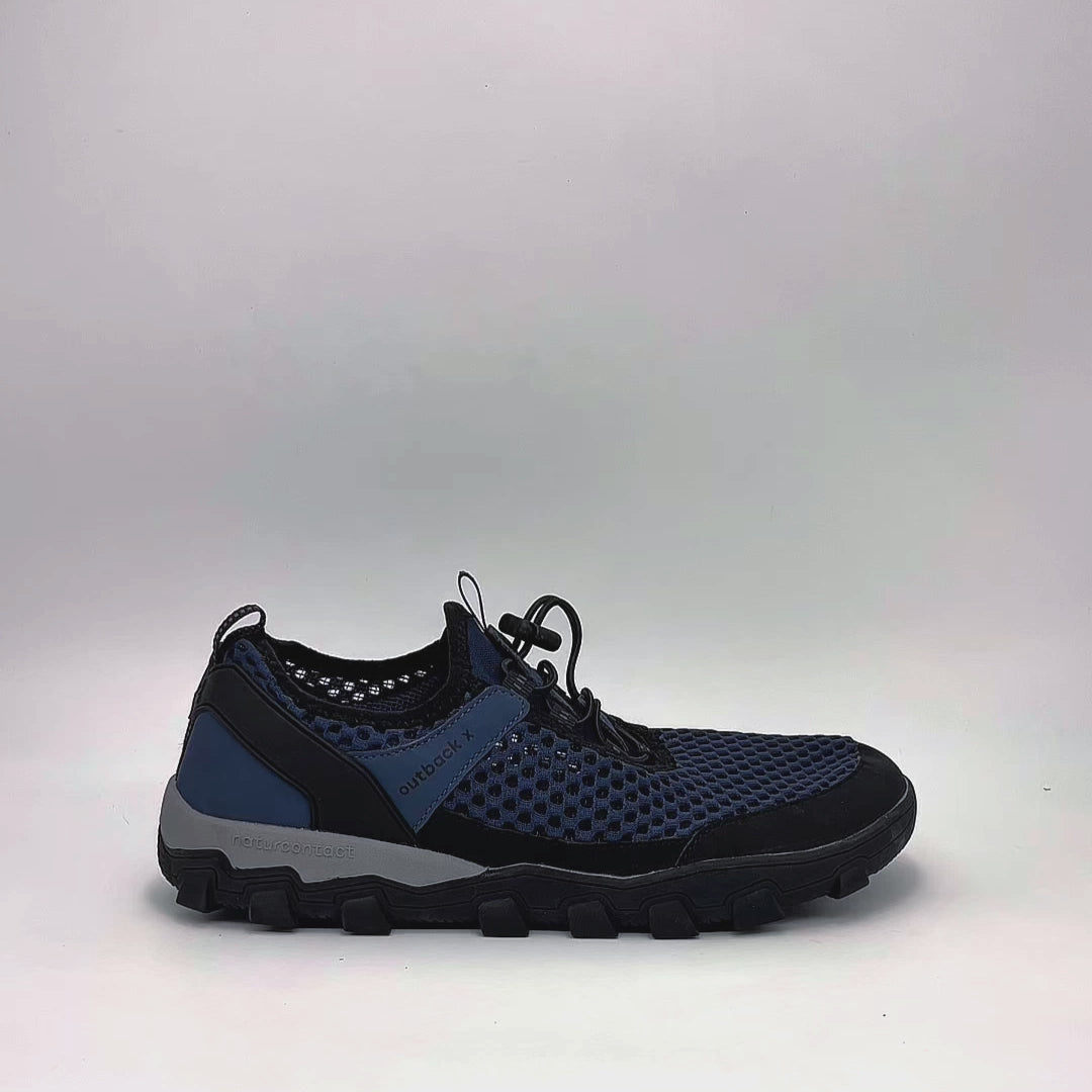 Blue hiking shoes video demonstrating flexibility and design details