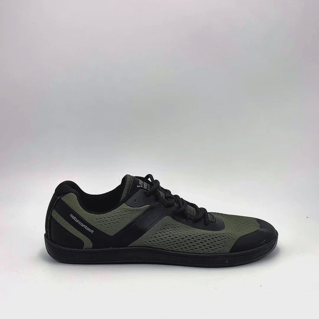 Video showing flexibility and close-up details of military green daily barefoot shoes