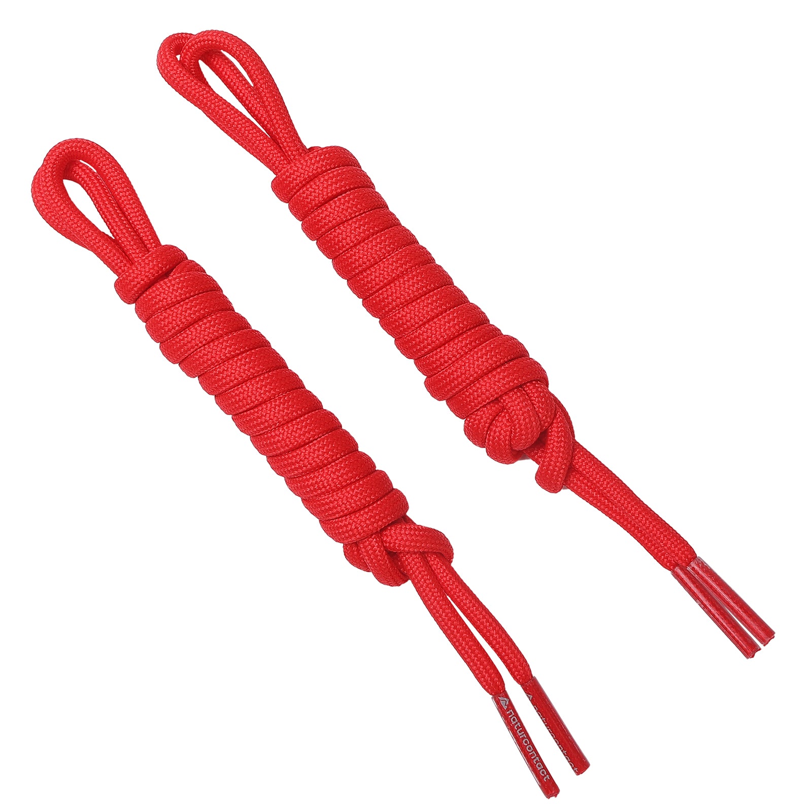 Pair of red round braided shoelaces with Naturcontact-branded aglets.