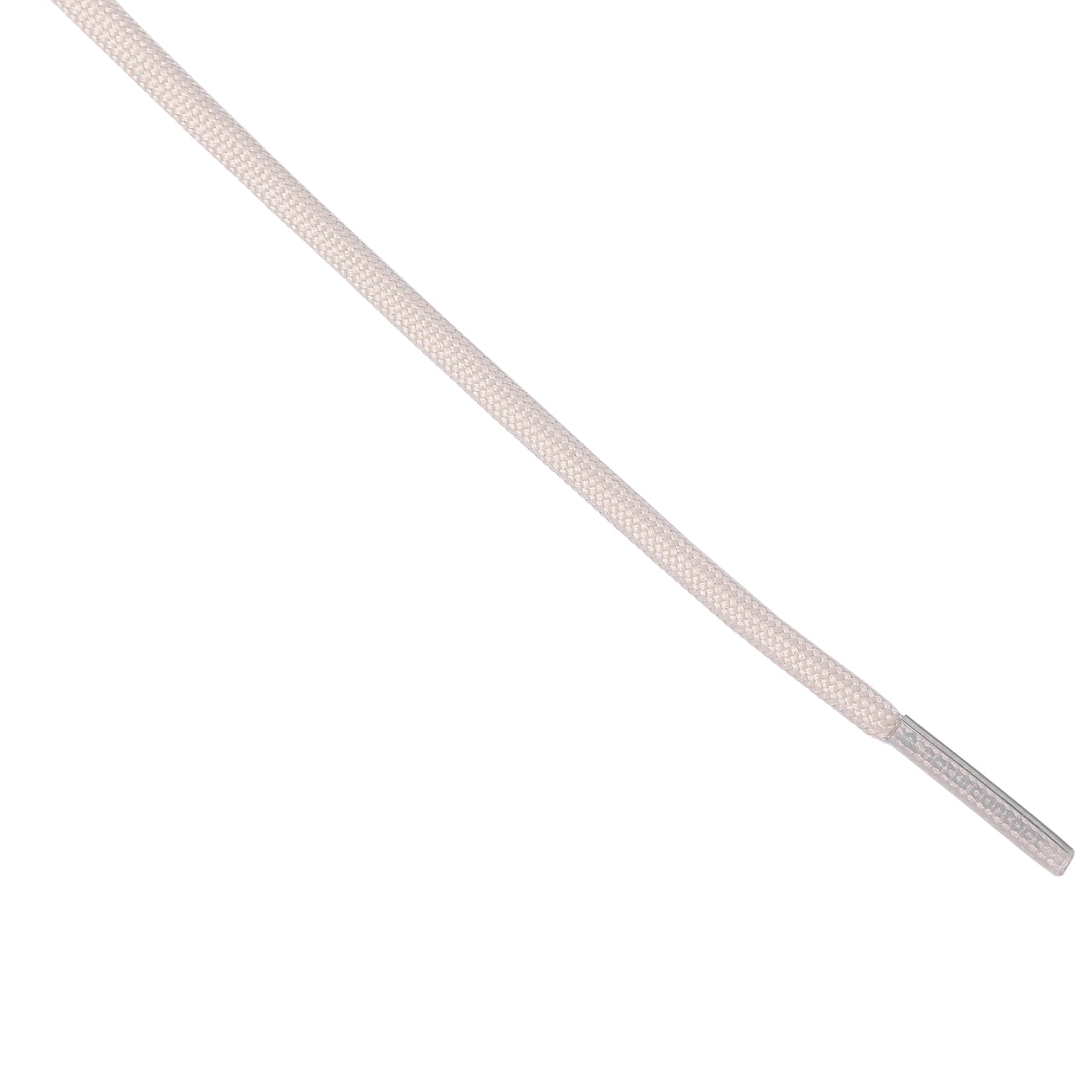 Detailed view of a tightly woven sand shoelace showing the textured braid and printed aglet tip.