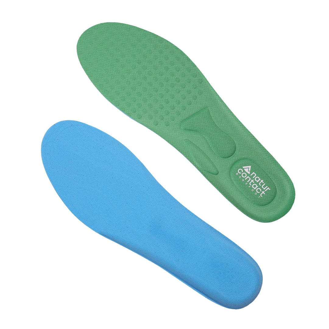 Pair of flexible insoles, blue on one side and green on the other, featuring a contoured and textured design.
