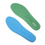 Pair of flexible insoles, blue on one side and green on the other, featuring a contoured and textured design.