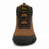 A brown and black mid-cut hiking boot shown from the front on a white background, featuring a tan-brown upper, black laces with yellow stitching, and a black outsole.