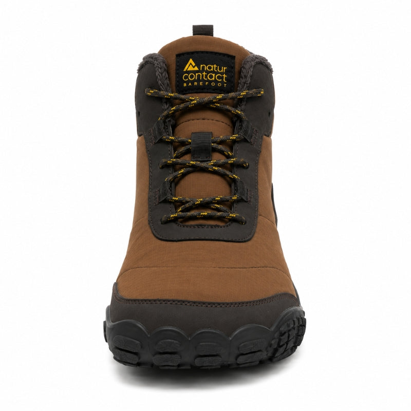A brown and black mid-cut hiking boot shown from the front on a white background, featuring a tan-brown upper, black laces with yellow stitching, and a black outsole.