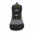 A gray and black hiking boot shown from the front on a white background, featuring a gray suede upper, black synthetic overlays, black laces with gold braided accents, and a black sole.