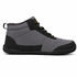 A mid-top waterproof shoe in gray and black, featuring a textured black sole, black laces, and a small yellow logo on the tongue, shown against a plain white background.