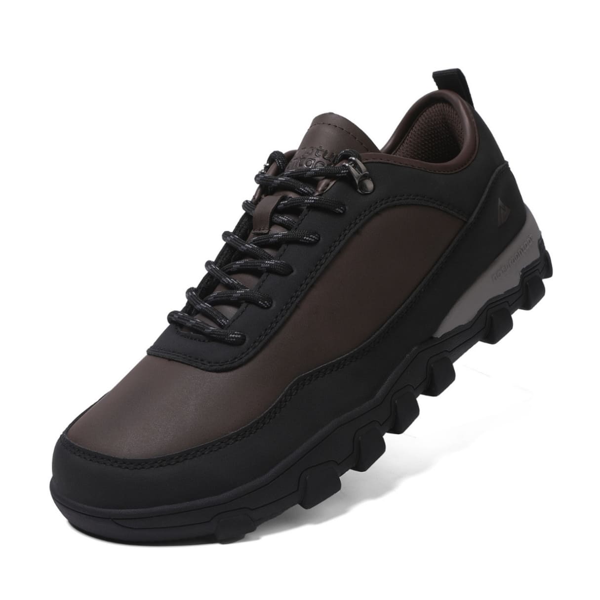 Terra Trail black and grey barefoot trail running shoe angled side view on white background