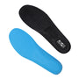 Pair of breathable insoles featuring a blue perforated top layer and a black textured underside