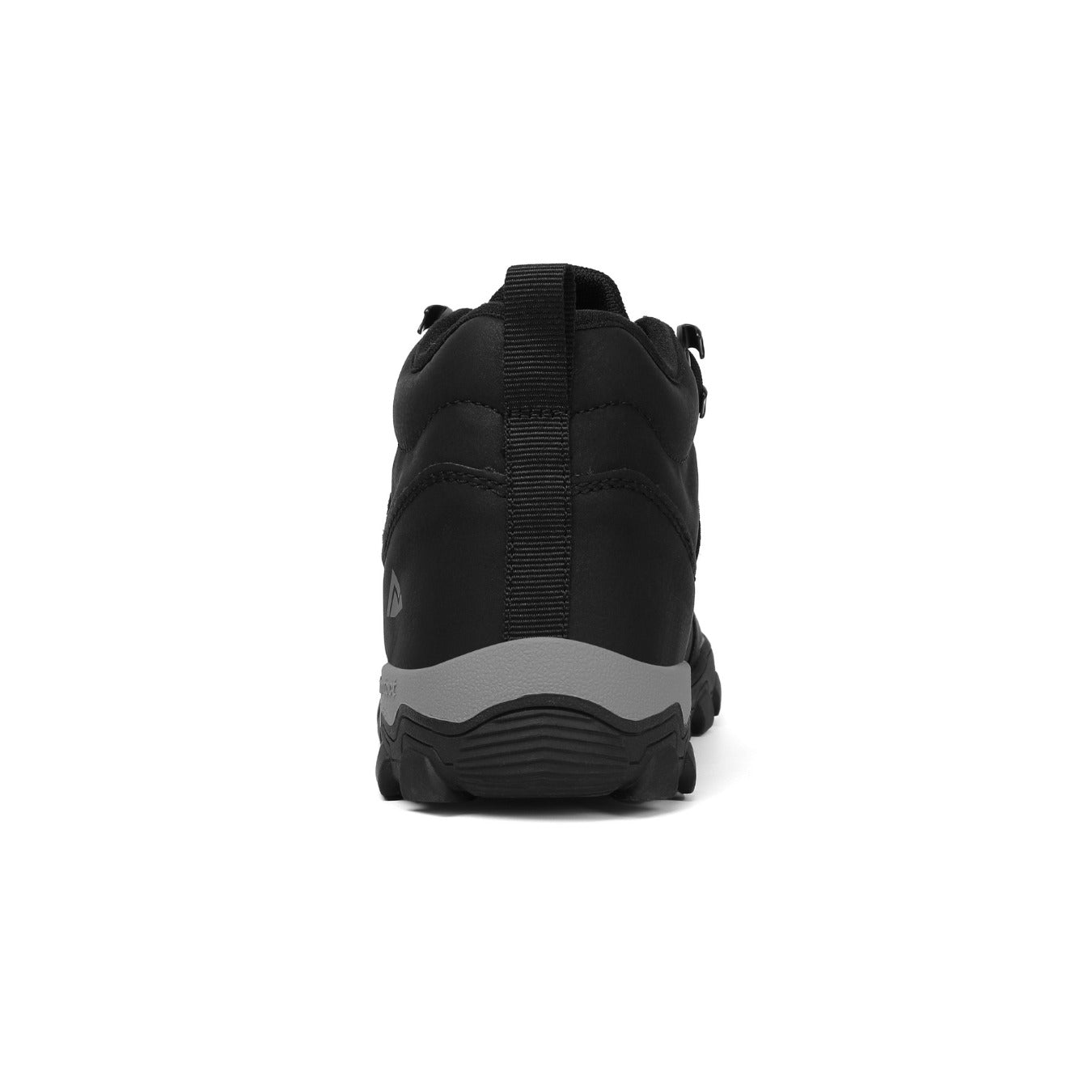 Black hiking boot with gray sole on a white background