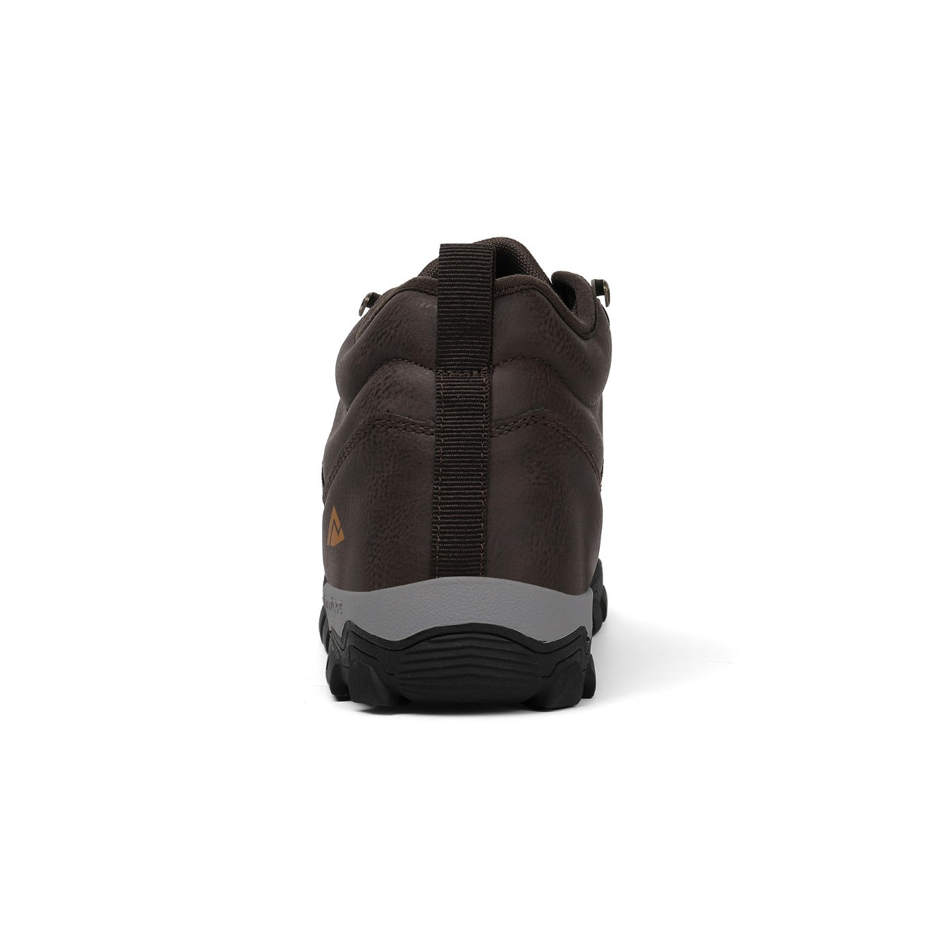 Brown hiking boot with gray sole on a white background