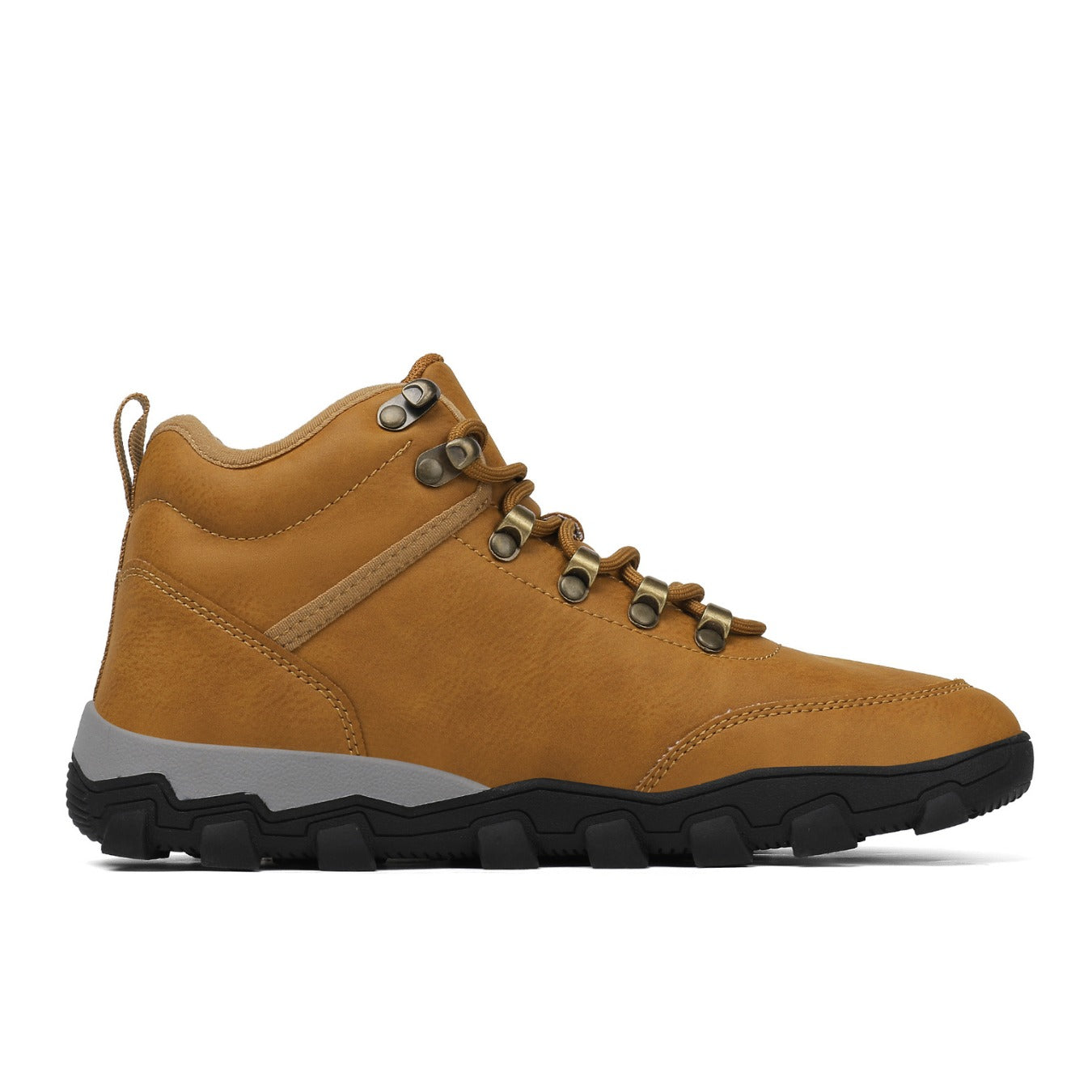 Brown hiking boot with a gray sole on a white background