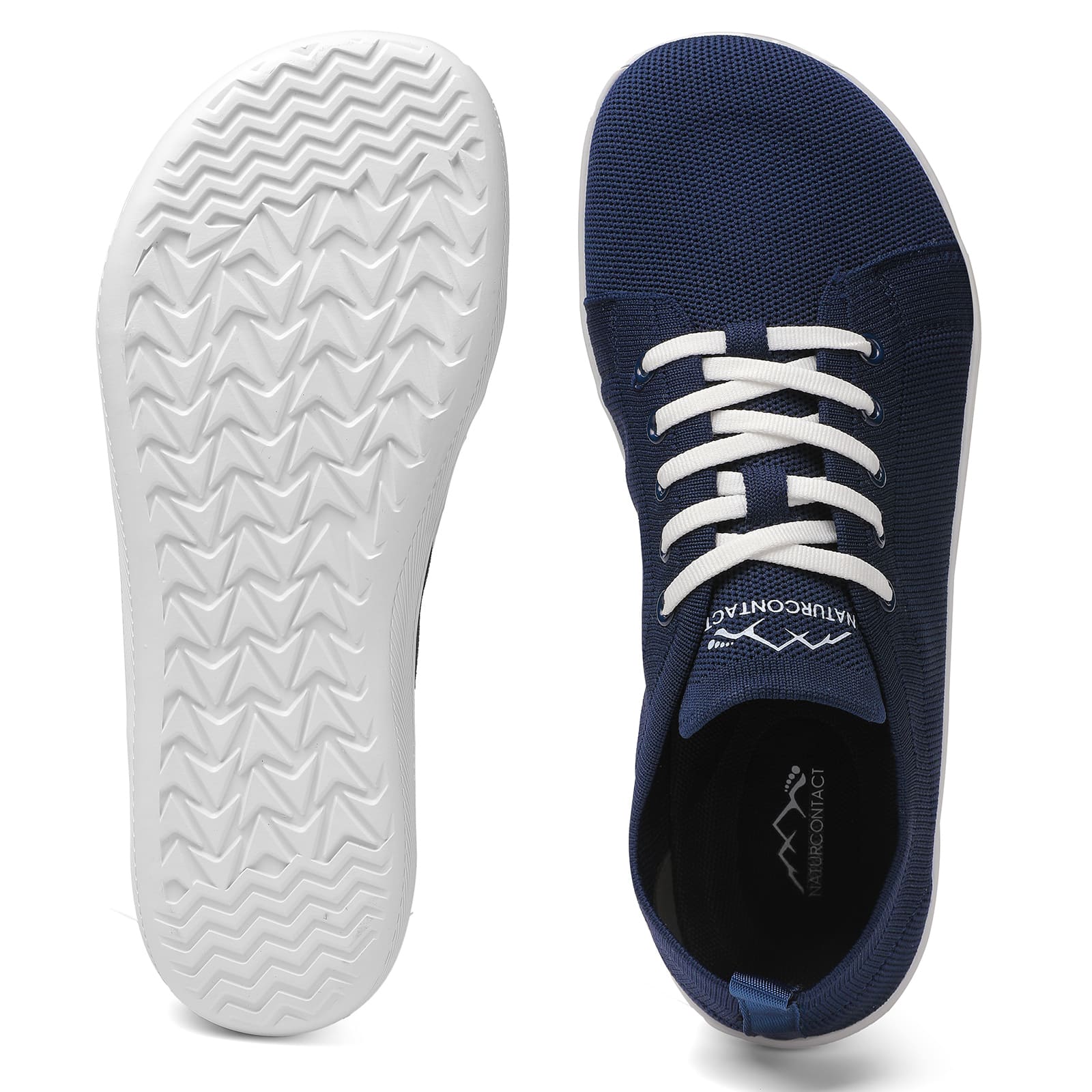 Navy blue sneaker with white laces on a white background
