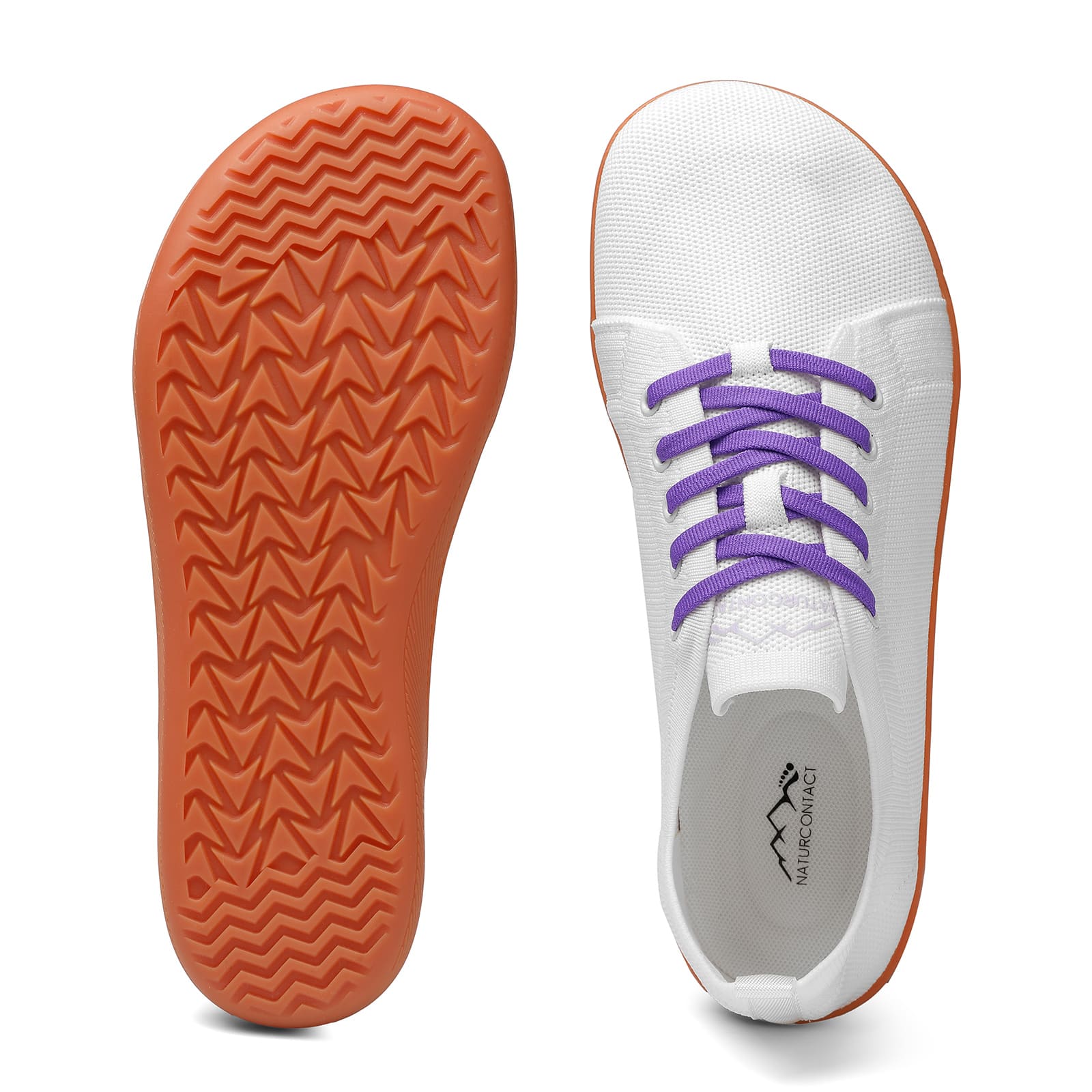 White sneaker with purple laces and orange sole on a white background