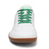 Front view of Walker Leather barefoot shoes in white and green with wide toe box for natural movement