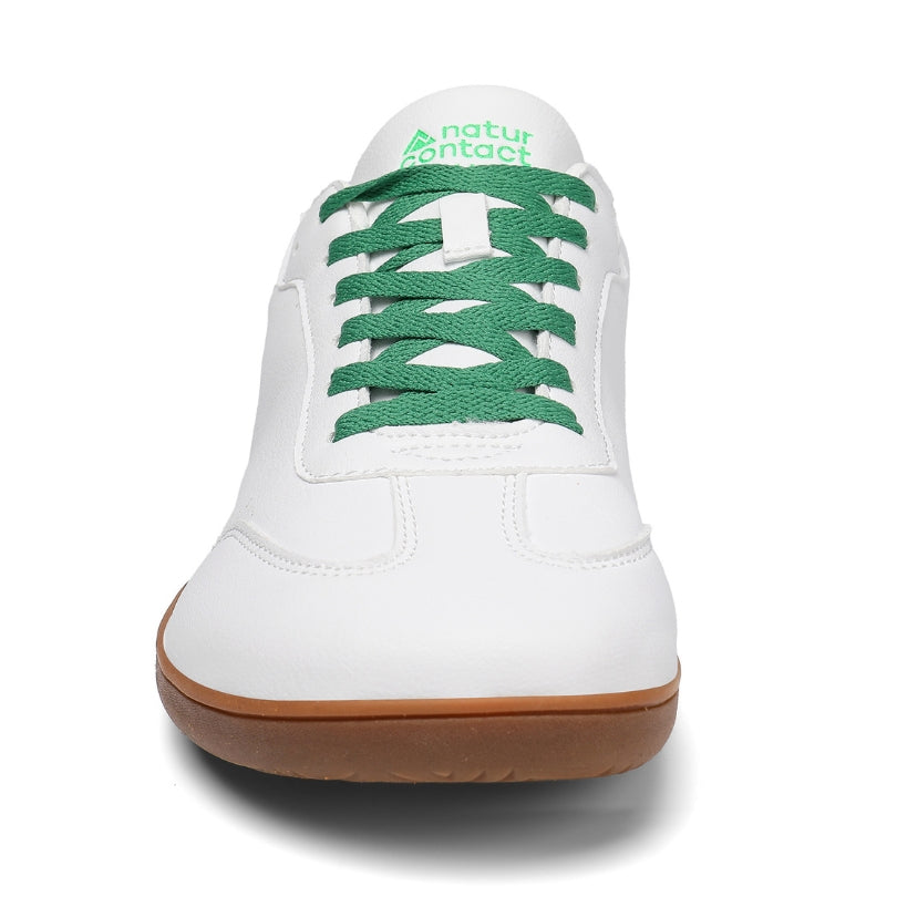 Front view of Walker Leather barefoot shoes in white and green with wide toe box for natural movement