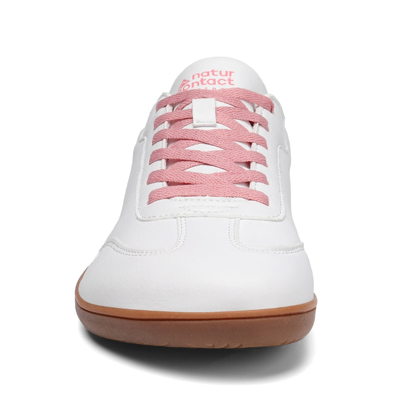 Front view of Walker Leather barefoot shoes in white and pink with wide toe box for natural movement
