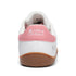 Rear view of Walker Leather barefoot shoes in white and pink with padded heel collar