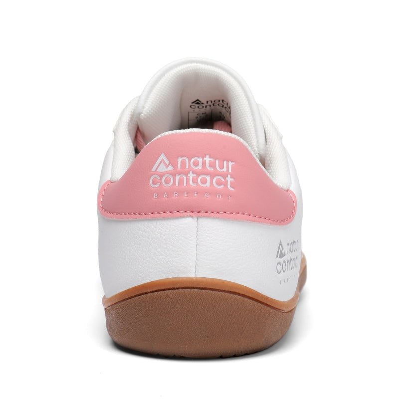 Rear view of Walker Leather barefoot shoes in white and pink with padded heel collar
