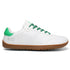 Side view of Walker Leather barefoot shoes in white and green showing slim everyday barefoot profile