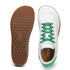 Sole and top view of Walker Leather barefoot shoes in white and green with flexible rubber outsole