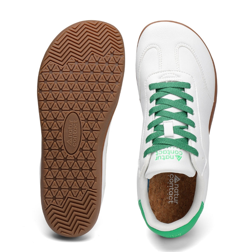 Sole and top view of Walker Leather barefoot shoes in white and green with flexible rubber outsole