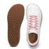 Sole and top view of Walker Leather barefoot shoes in white and pink with flexible rubber outsole