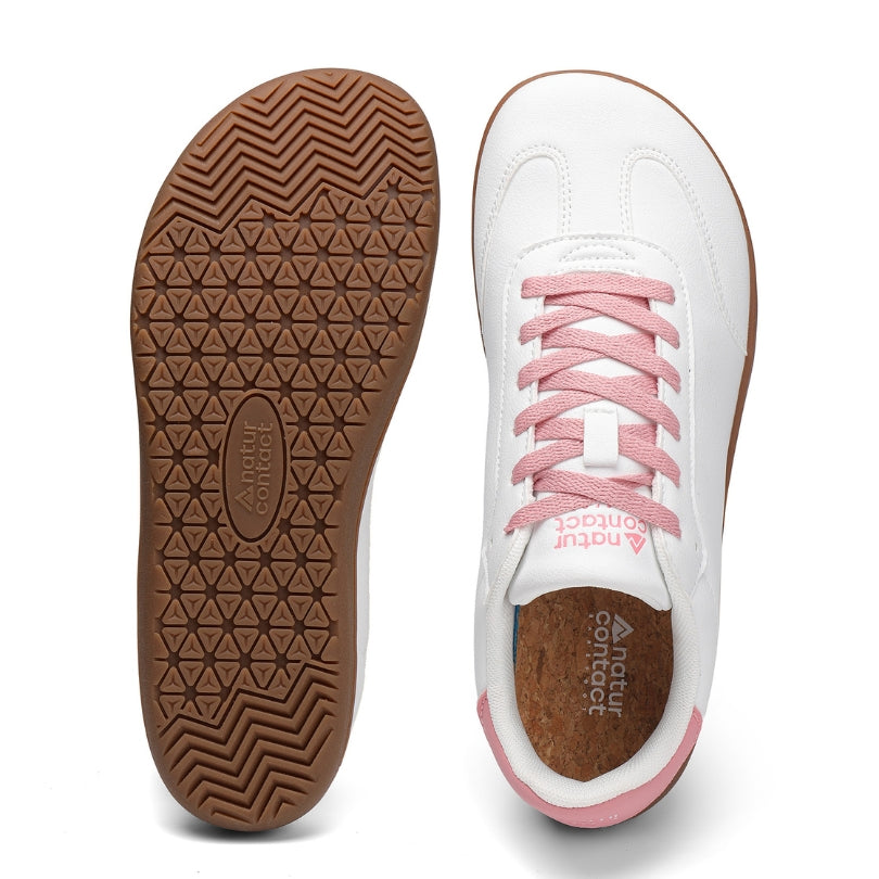 Sole and top view of Walker Leather barefoot shoes in white and pink with flexible rubber outsole