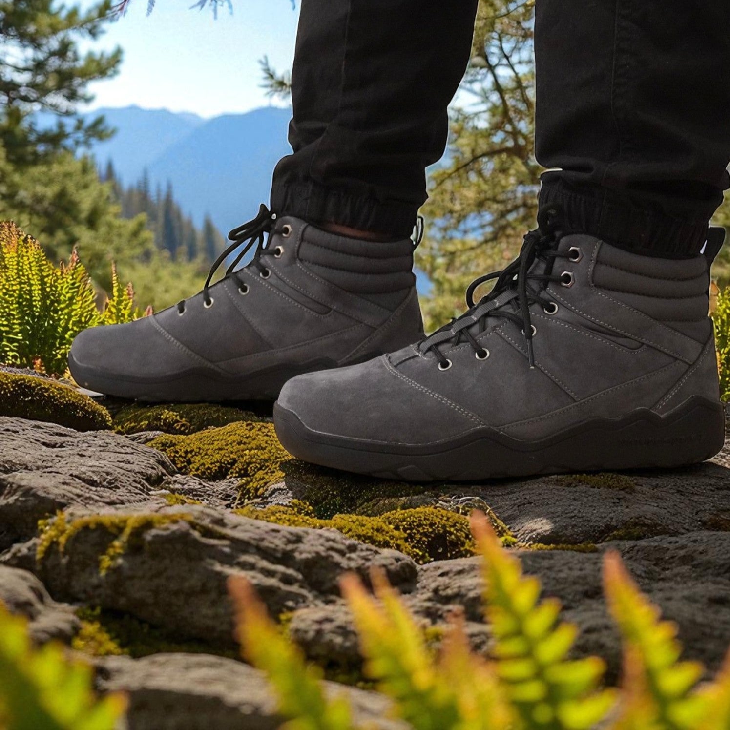 Side view of grey Naturcontact outdoor boots with black laces, worn on rocky moss-covered terrain with mountains in the background