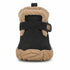 A single toddler winter boot shown from the back, featuring a black suede-like upper, a tan fleece lining, a black hook-and-loop strap with a decorative tab, and a chunky tan sole.