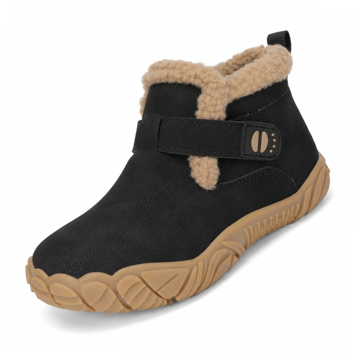 A single black ankle winter boot with a tan faux-fur collar, a hook-and-loop strap closure, and a thick tan sole, shown on a white background.