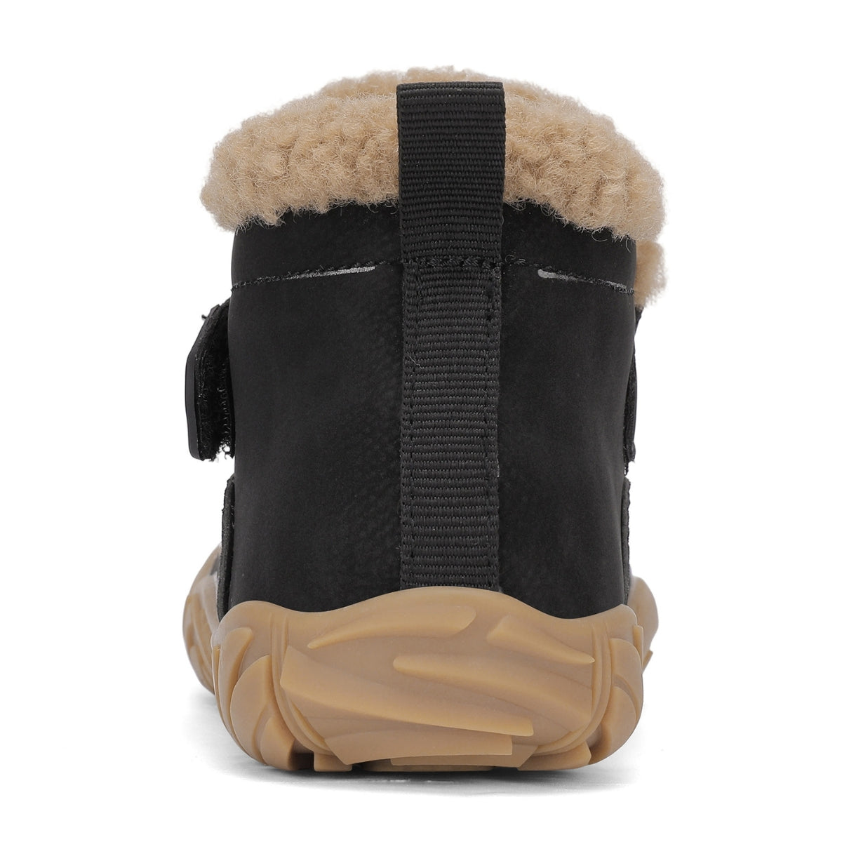 A single black winter boot shown from the back on a white background, featuring a beige sherpa lining at the top and a chunky tan sole.