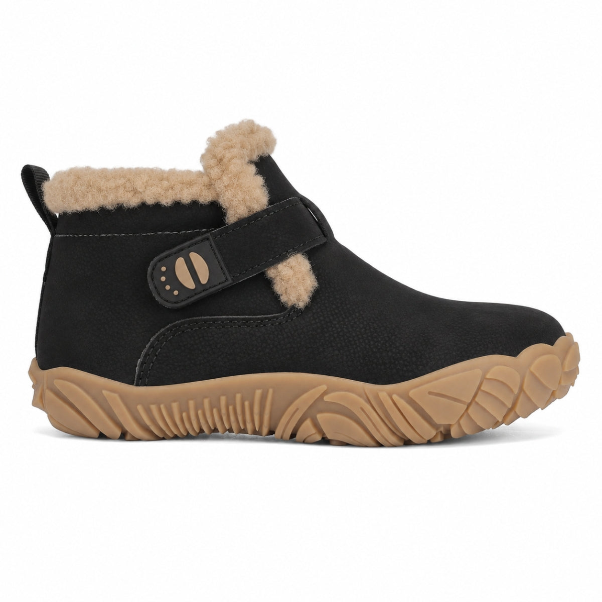 A single black ankle boot with a tan sole and beige shearling lining, shown from a side profile on a white background.