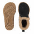 A pair of black slip-on shearling boots shown from the top and side views, with a tan outsole visible on the left. The boots feature a black upper, a tan shearling lining, and a black pull tab.