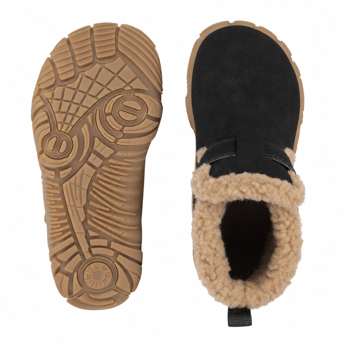 A pair of black slip-on shearling boots shown from the top and side views, with a tan outsole visible on the left. The boots feature a black upper, a tan shearling lining, and a black pull tab.