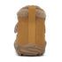 A single tan suede winter boot with a plush beige shearling lining and a thick brown sole, shown from a rear three-quarter view on a white background.