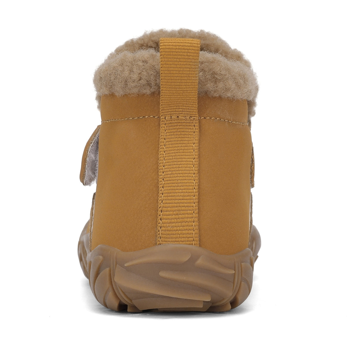 A single tan suede winter boot with a plush beige shearling lining and a thick brown sole, shown from a rear three-quarter view on a white background.