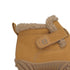 Close-up of a tan suede winter boot with a fuzzy beige fleece lining and a hook-and-loop strap closure, shown on a white background.