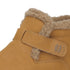 Close-up of a tan suede boot with a fuzzy beige shearling lining and a hook-and-loop strap closure on a white background.