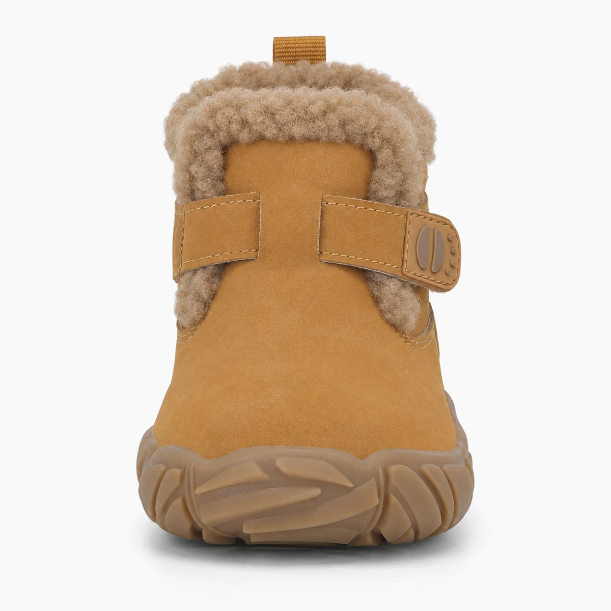 A single toddler winter boot in tan suede with a fluffy beige faux-fur collar and a hook-and-loop strap closure, shown from the front on a white background.