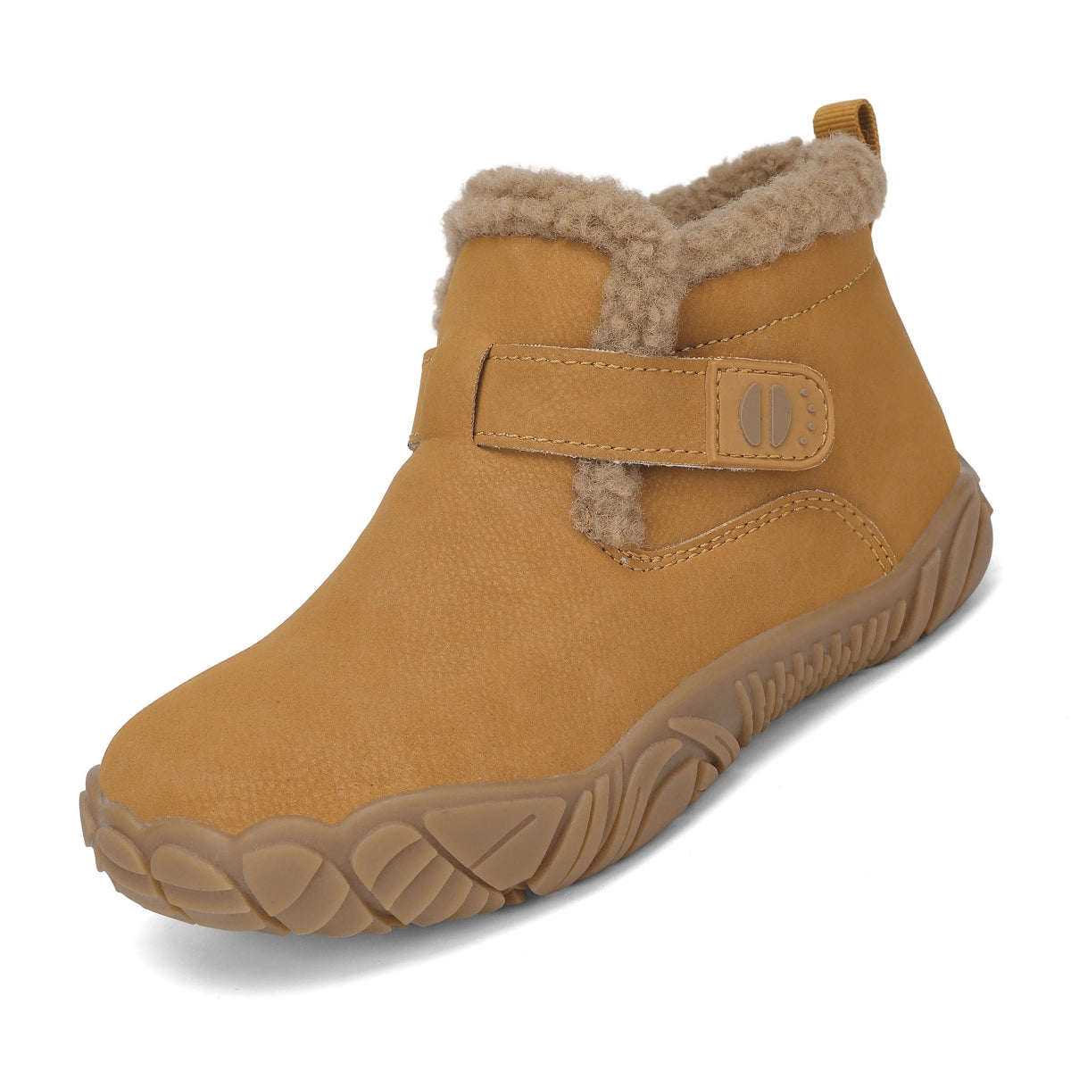 A tan ankle winter boot with a fuzzy beige shearling lining, a hook-and-loop strap across the instep, and a textured brown sole, shown on a white background.