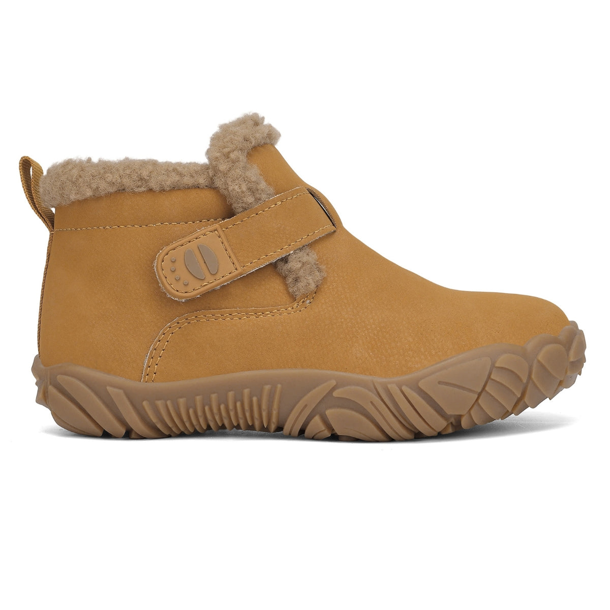 A single toddler's winter bootie in tan suede with a tan sole, featuring a plush beige faux-fur collar and a hook-and-loop strap closure, shown against a plain white background.