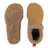 A pair of tan suede ankle boots with a beige sherpa lining, shown from both the top and the sole view on a white background.