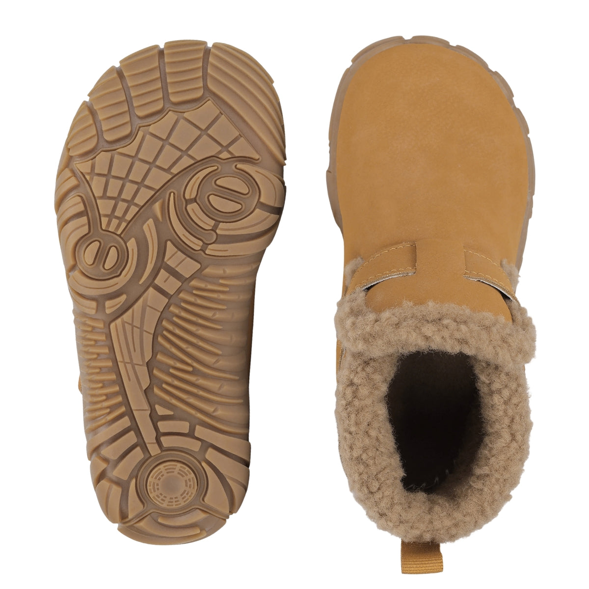 A pair of tan suede ankle boots with a beige sherpa lining, shown from both the top and the sole view on a white background.