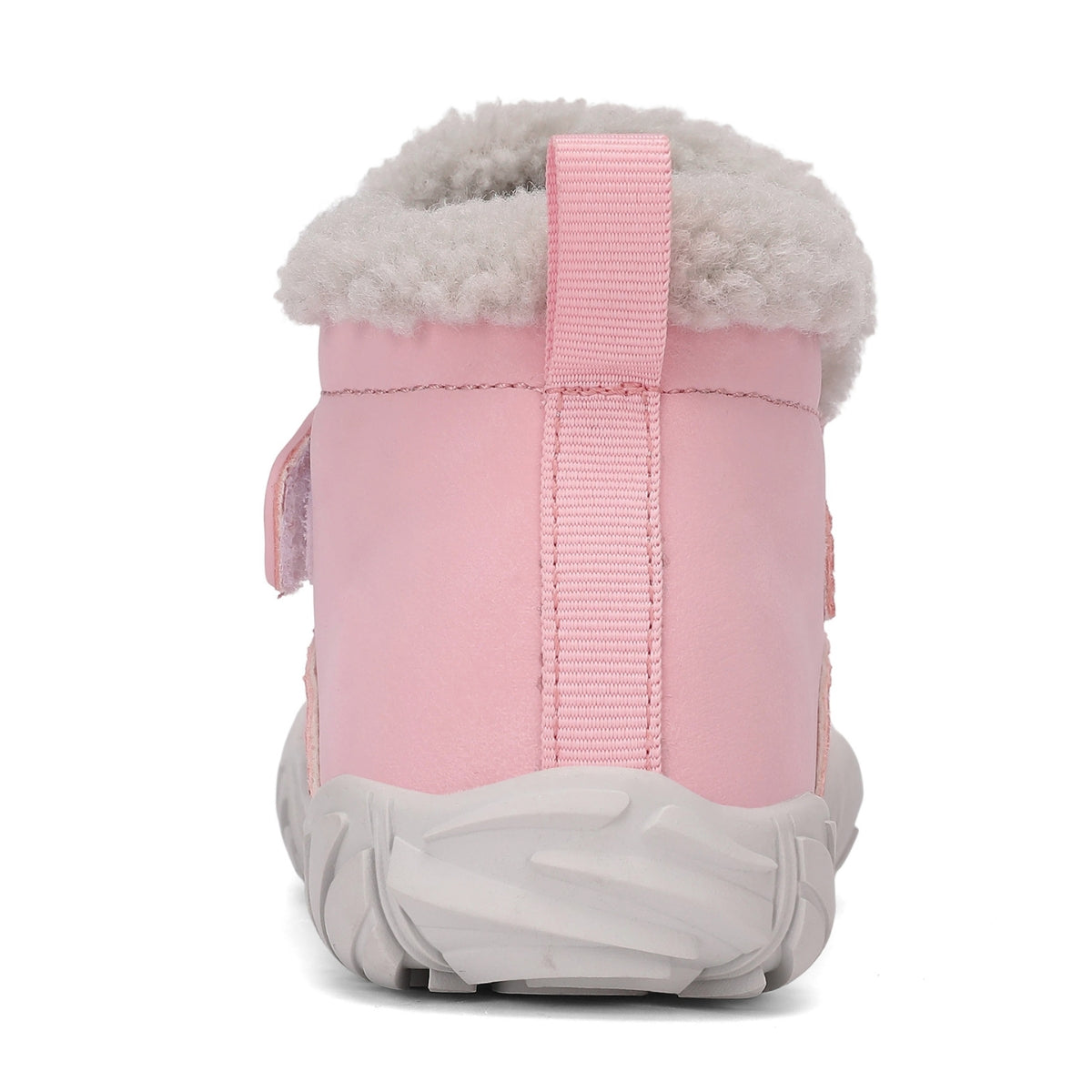 A single pink children's winter boot shown from the back, featuring a fluffy light gray faux-fur collar, a pink pull tab, and a chunky light gray sole, set against a plain white background.